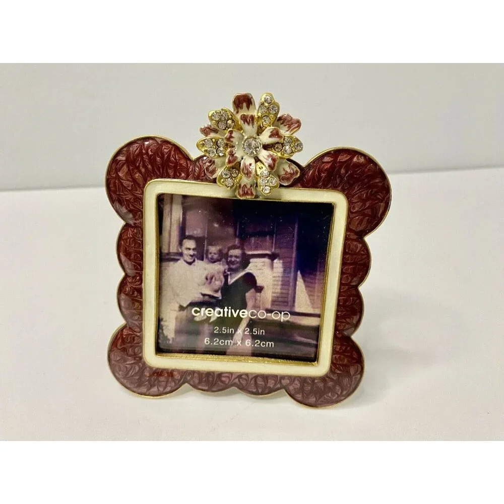 Creative Co-op Photo Frame Purple Enamel Rhinestones Scalloped Edges 2.5